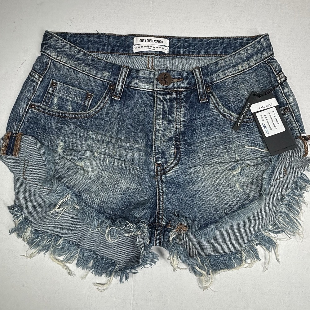 One Teaspoon Distressed Cut Off Jean‎ Shorts Womens 26 RAW HEM Blue Suede NWT